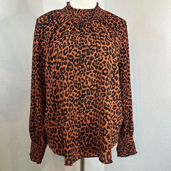 LOFT Leopard Print Smocked Mock Neck Long Sleeve Blouse Size LP NWOT - Picture 3 of 13